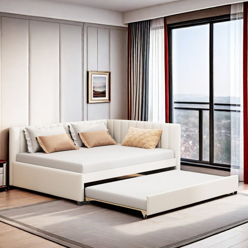 Lit de jour rembourré avec couchette coulissante, Beige