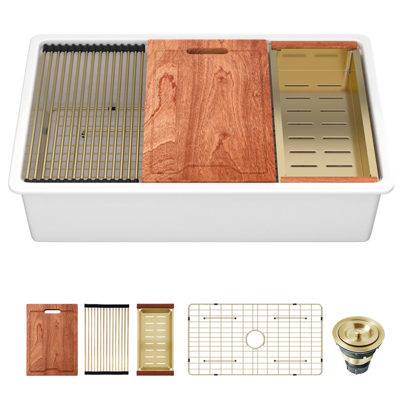 33" L x 19" W White Ceramic Single Bowl Drop-In/Undermount Kitchen Sink with Ledge Workstation and Accessories, Matte Gold