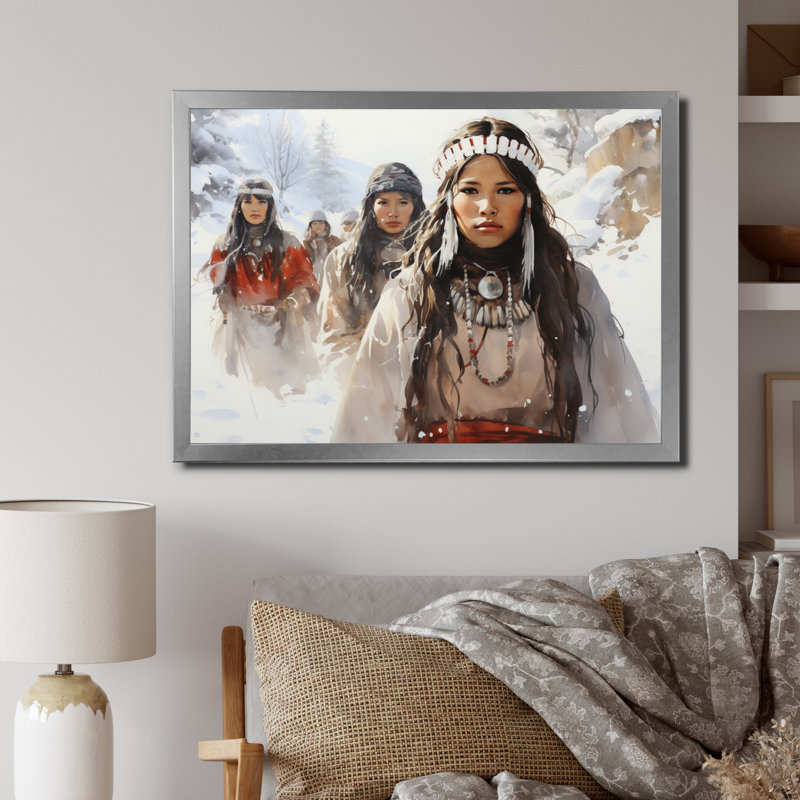 " Native Art Winters Dream Portrait ", Cadre simple argenté, H 16 po x l 32 po x P 1 po