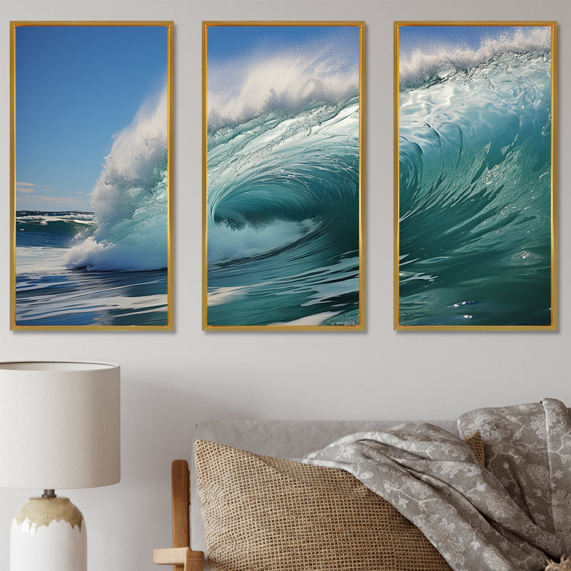 «Turquoise Ocean's Force Unleashed», ensemble d'art mural sur toile côtière, Cadre flottant doré, H 28 po x l 36 po x P 1 po