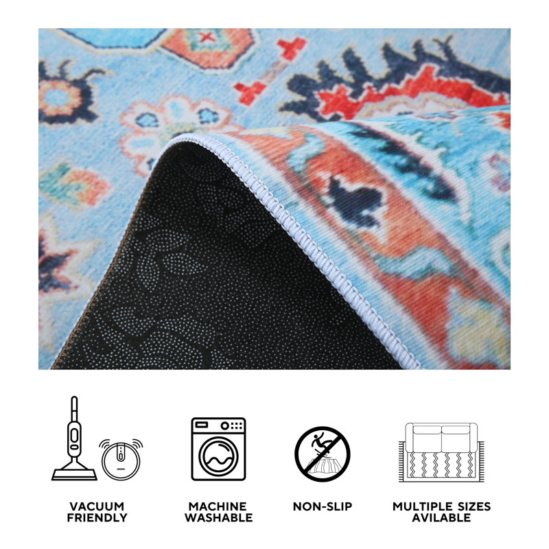 Square Modern Blue Oushak Machine Washable Area Rug with Built-in Padding and Non-Slip Backing, Rectangle 8' x 10'