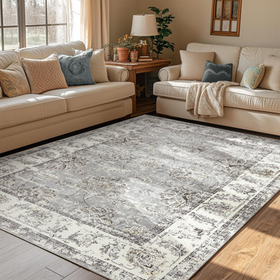Floral Rug Vintage Botanical Print Distressed Grey