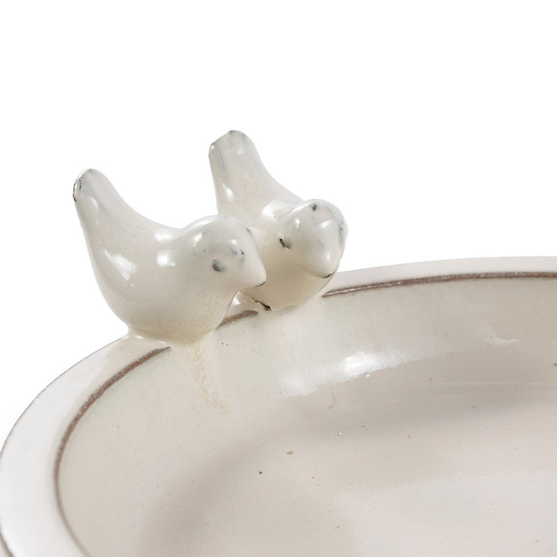 Bain d'oiseaux en céramique artisanale blanc crème, abreuvoir décoratif extérieur pour oiseaux sauvages