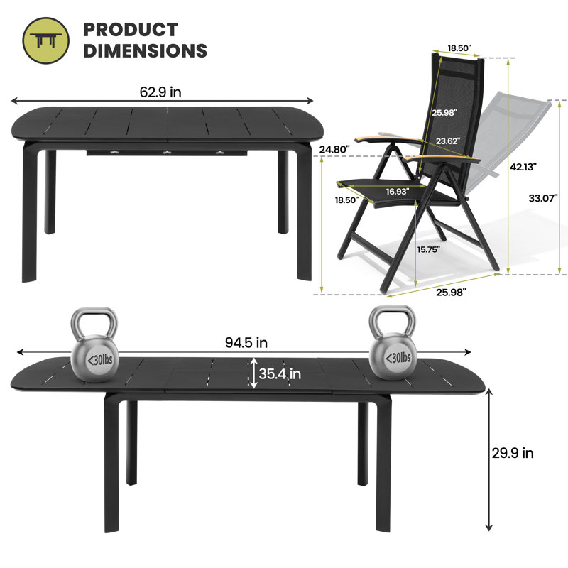 Ensemble repas pour 8 personnes L 94,5 po x l 35,4 po avec table rectangulaire extensible et fauteuils inclinables