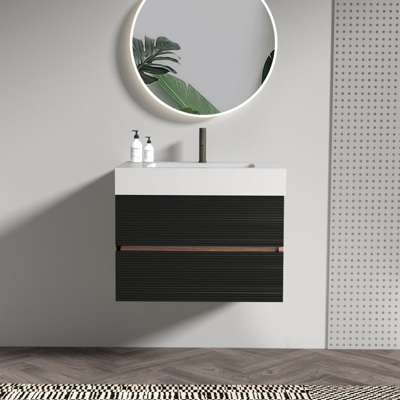 Meuble-lavabo mural 30 po avec lavabo en quartz d'ingénierie et tiroirs noirs doux, meuble-lavabo mural flottant pour salle de bain moderne, une pièce blanc brillant
 Bassin, KD