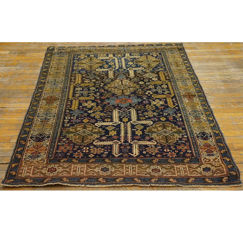 Blue Color Rustic Tribal Perpedil Design Square Antique Caucasian Shirvan Rug
