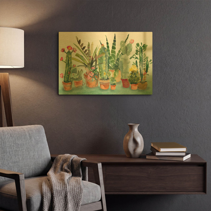 «Beautiful Cactus Garden» par Jean Plout, art mural en métal doré, 24 po x 16 po, 24"x16"