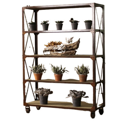 LARGE IRON & WOOD DISPLAY W FIVE SHELVES & IRON CASTERS