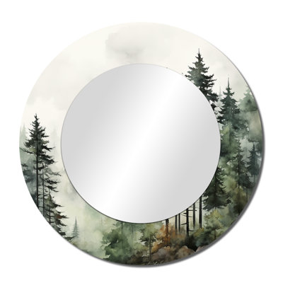 Pine Tree Misty Morning I – Farmhouse Round Wall Mirror, Metal Print