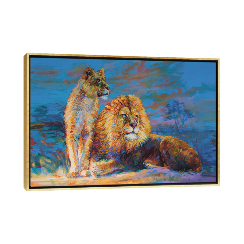 Lion et lionne par Leon Devenice - impression d'art graphique, H 26 po x l 40 po x 1,5 po, Toile encadrée d'or, Pas de tapis