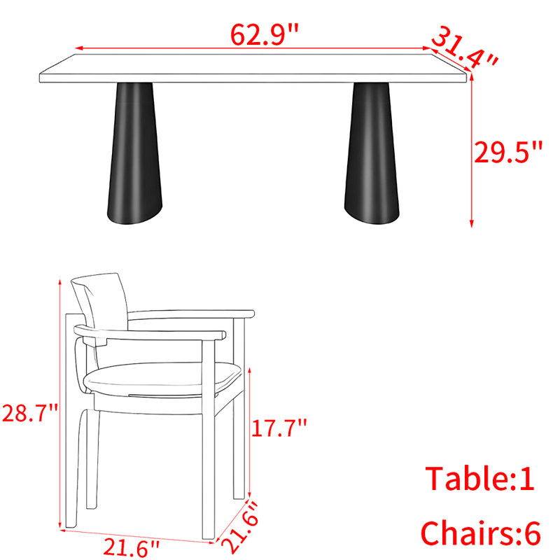Ensemble de table de salle à manger en bois massif de style médiéval, H 29,5 po x L 62,9 po x l 31,4 po
