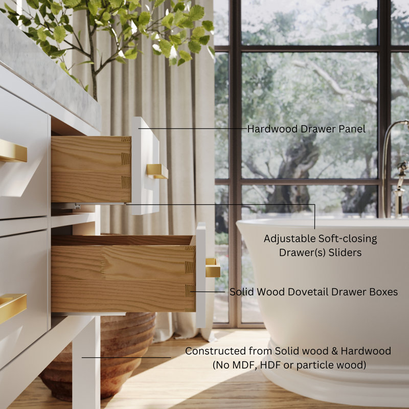 Elizabeth 48'' W Single Vanity, White/Brushed Gold, Carrara White Marble