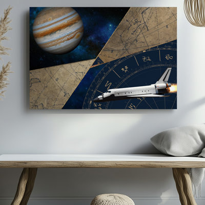 Toile dans une étendue d'étoiles cloutées foncées, art mural de Jupiter détaillé avec ses bandes emblématiques d'ocre et de crème tourbillonnant au milieu d'une toile