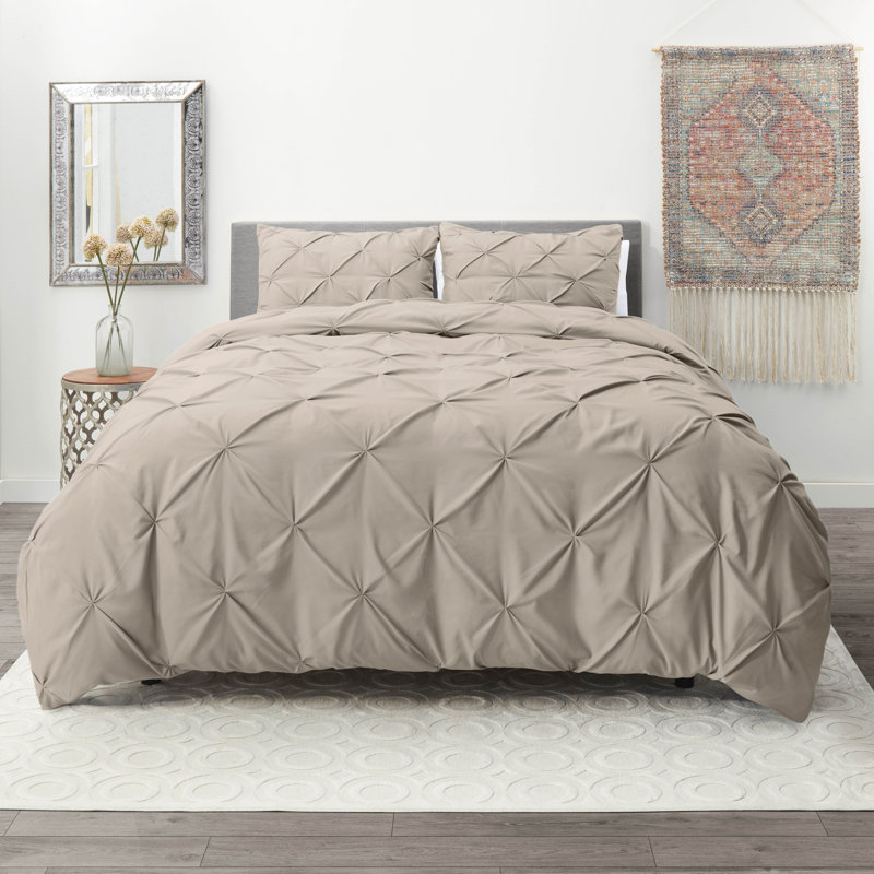 Ensemble de housse de couette plissÃ©e en tissu doublement brossÃ©, Housse de couette grand et 2 taies décoratives, Taupe