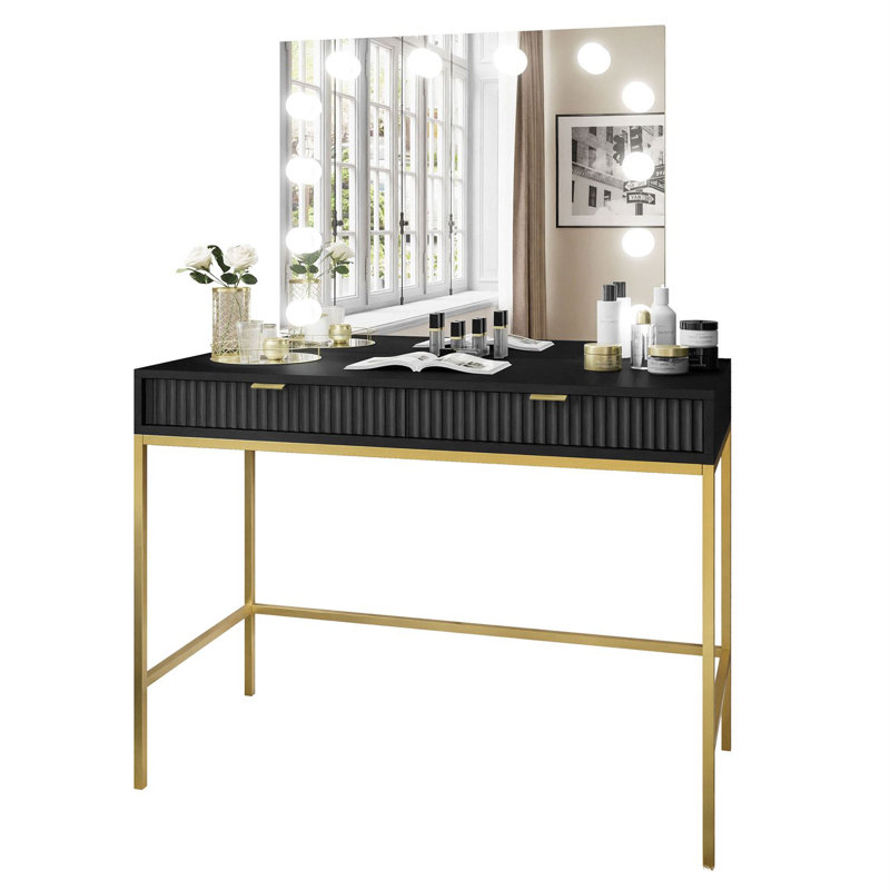 Anges Dressing Table with Mirror, Black Matt/Gold