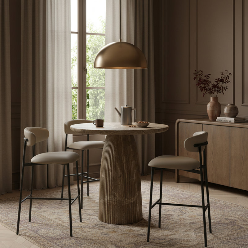 Tabouret de bar rembourré en cuir Lupita, Noir mat, Cuir taupe végétalien
