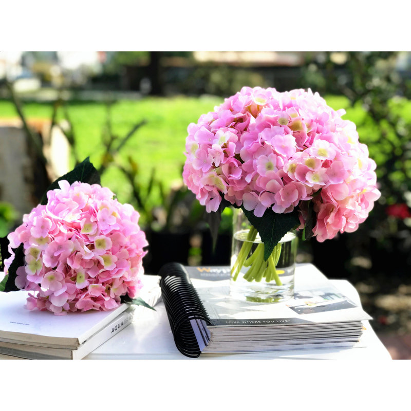 Pink Silk Hydrangea and Rose Arrangement in Clear Glass Vase