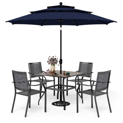 Alyah 5-piece Steel Patio Outdoor Dining Set With Umbrella, Metal Stackable Chairs, Square Wood-like Table Top Table -  Lark Manorâ¢, D59474A12D7E4CFEA78EED9B4F1BDD7A