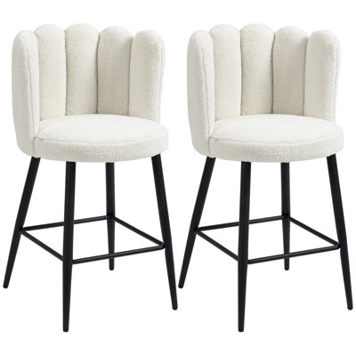HOMCOM Bar Stools Set of 2 Modern Boucle Shell Barstools Steel Base Cream