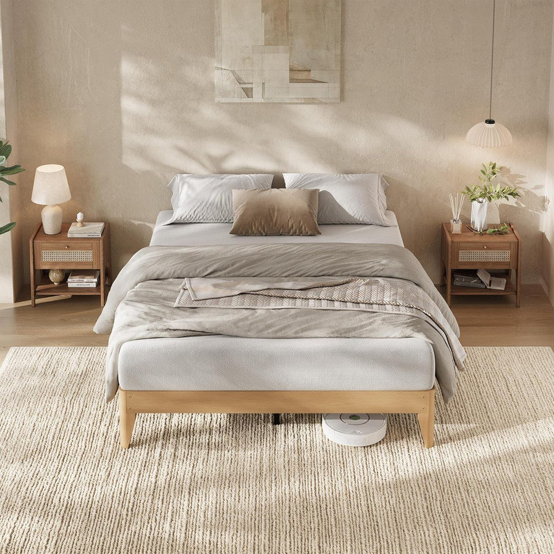 Structure de lit plateforme en bois 11,8 po avec lattes en bois, espace sous le lit 7,5 po, aucun sommier requis, sans bruit