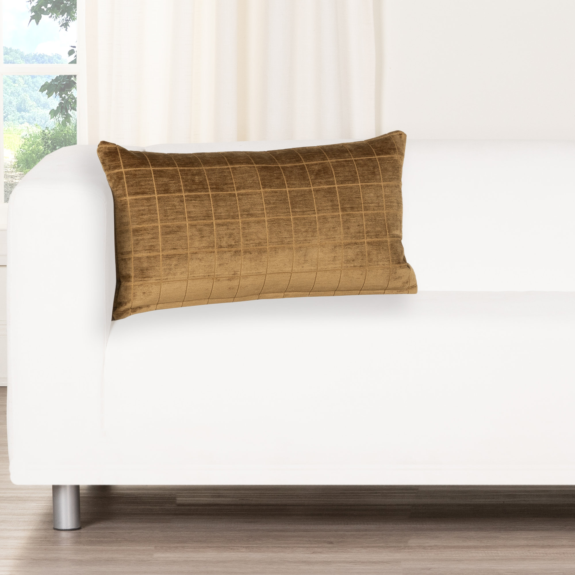 Otterville Velvet Grid Lumbar Pillow, Gold Geometric, 12"H x 21"W, Feather
