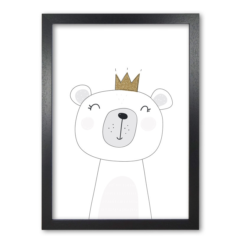 Scandi Cute Bear With Crown - Print, 30 cm H x 21 cm W x 5 cm D, Black Grain Frame