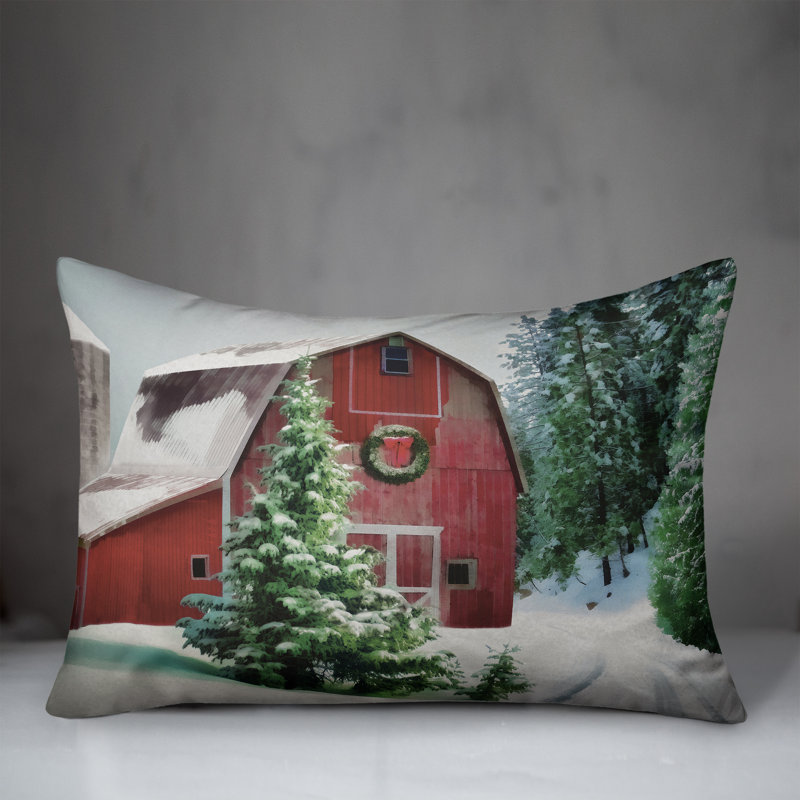  Painted Snowy Barn Snow Rectangular Pillow Cover & Insert