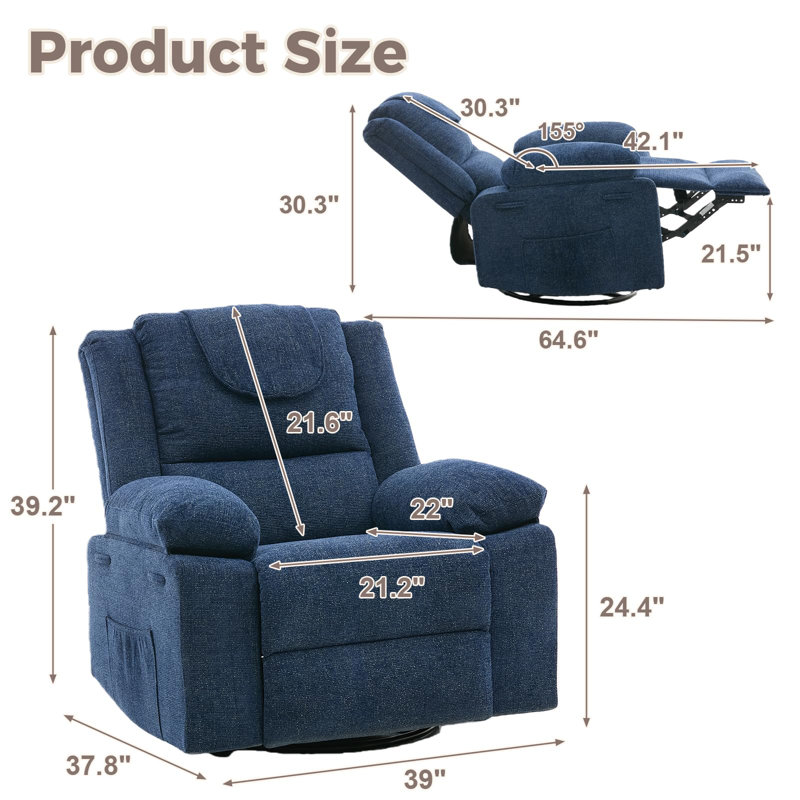 Fauteuil inclinable surdimensionné avec pivotement à 360 °, massage et chauffage, canapé simple pour le salon / la chambre à coucher