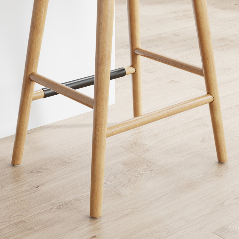Tabouret de bar en bois sans dossier à hauteur de comptoir avec coussin amovible en cuir, Châtaigne, Pin chaud, 1