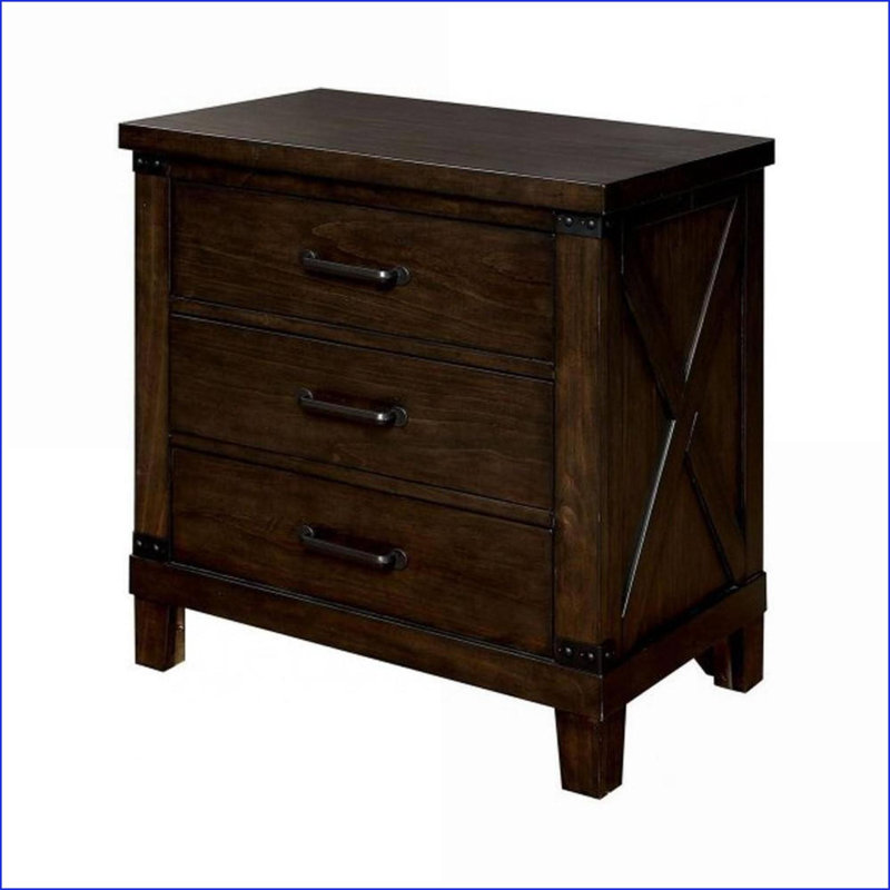 Table de chevet rustique en bois de noyer foncé à 3 tiroirs avec poignées noires
