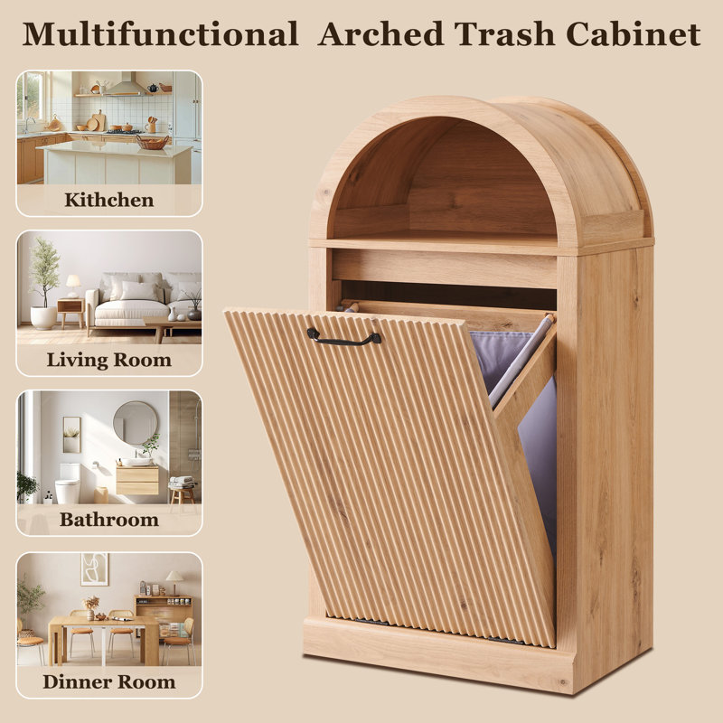  Modern Tilt Out Arched Laundry Basket Cabinet with Open Shelf,Fluted 10-Gallon Bathroom Laundry Storage Basket (Includes 1pc laundry basket)