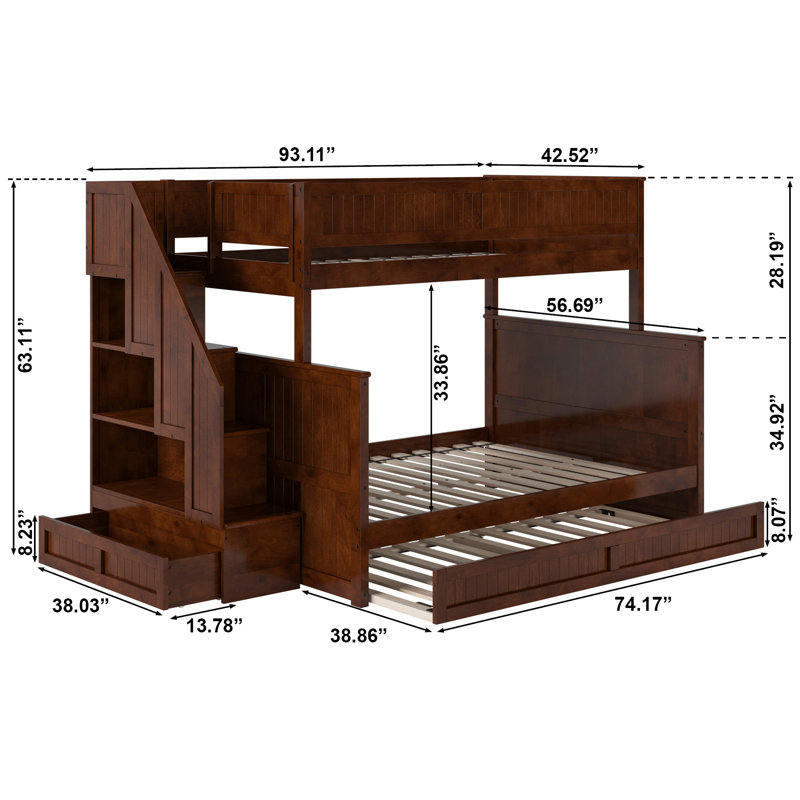 Keaire Staircase Bunk Bed with Storage Drawer and Twin Trundle, Walnut, Twin Over Full