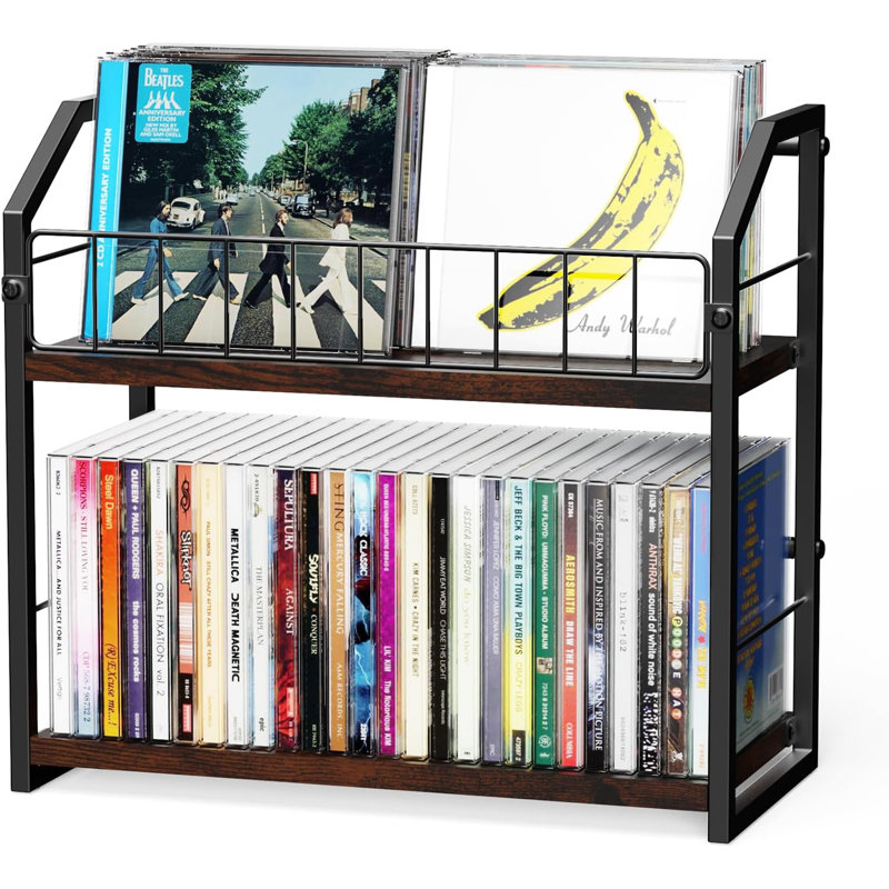 2-Tier Carbon Steel & Vintage Wood CD Storage Rack – Multi-Purpose Countertop Organizer with Guard Rails for Kitchen & Media