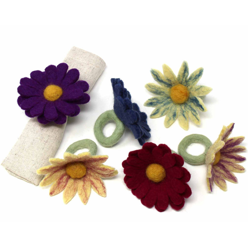 Porte-rondes en forme de marguerite en feutre fait à la main, ensemble de 6 (Népal)