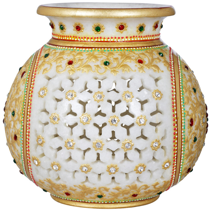 Support à thé 6 po en marbre blanc - Vase en pierre fabriqué à la main avec découpes florales et accents dorés