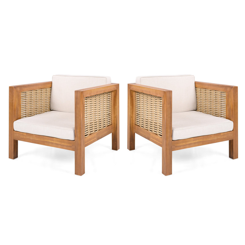 Ensemble de 2 fauteuils club d'extérieur, structure en bois d'acacia avec accoudoirs en osier et coussins beiges, capacité de 400 lb