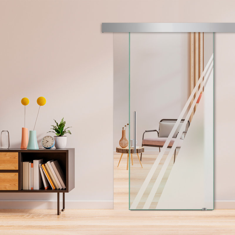 Porte de grange coulissante en verre sans cadre avec design moderne sablé et quincaillerie (semi-privée), 26 po x 84 po