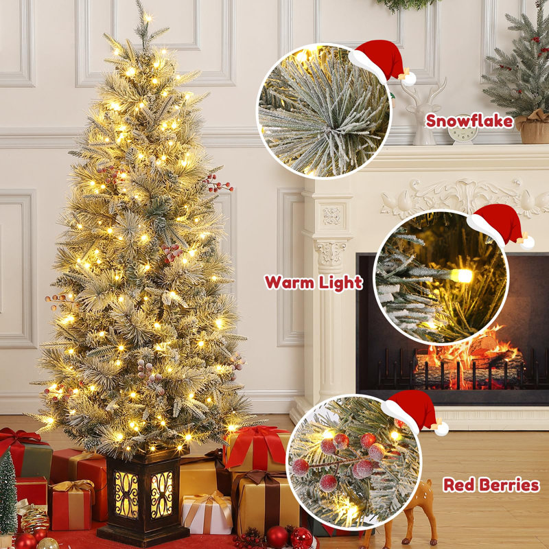 Christmas Tree-Fat Tree Body Contains 4.5Fth Potted Tree 200 Lights, 8-Mode, Frost Blossom Cedar, 4 Red Fruits, Nine-Headed Bird Light Box Base