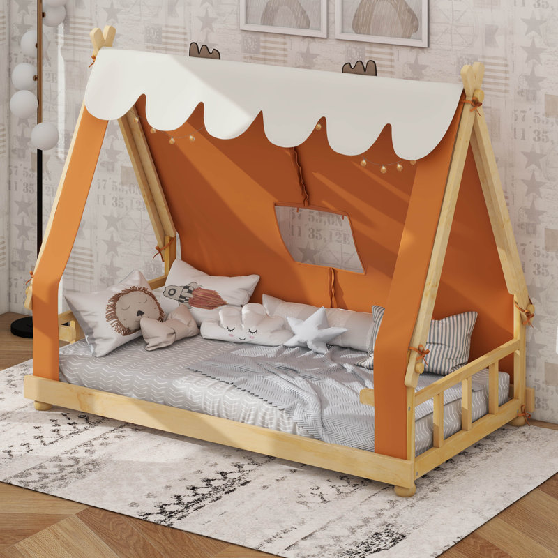 Lit de maison avec tente et éclairage, Lit simple, Brun
