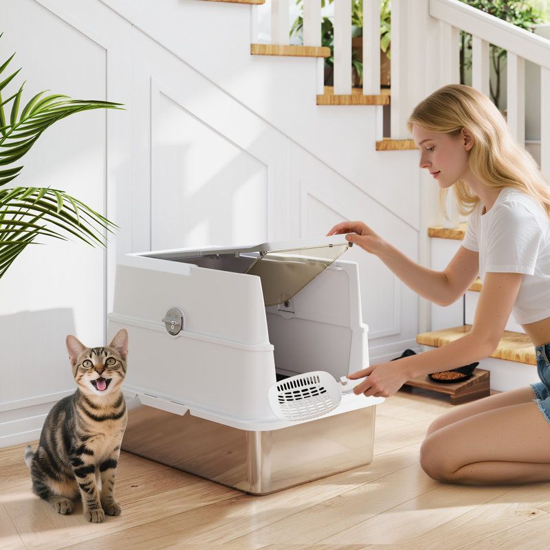 Extra Large Stainless Steel Cat Litter Tray with Scoop Flip Top