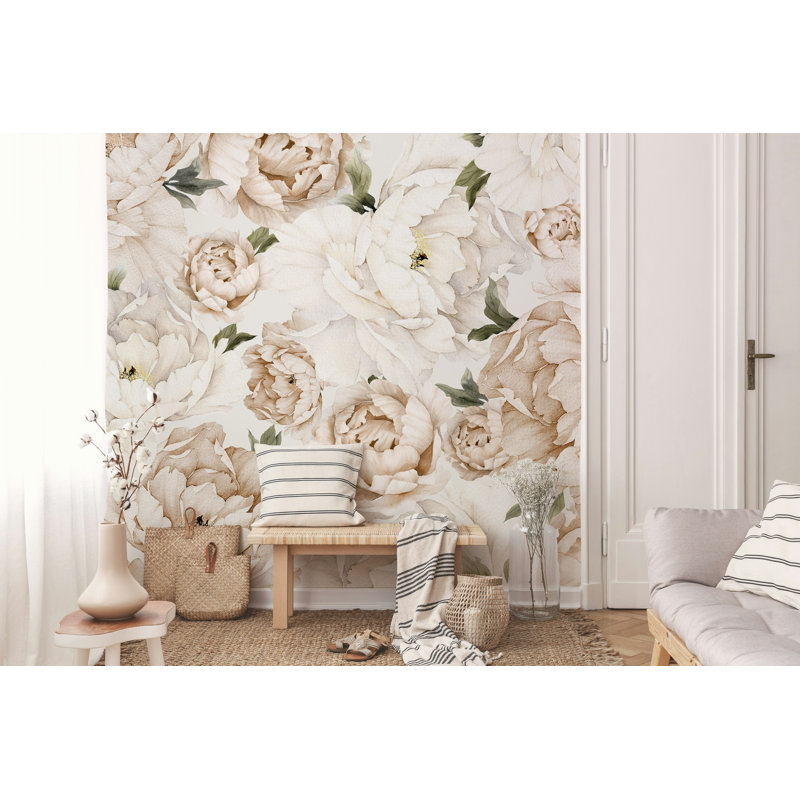 Papier peint floral pivoine beige crème sur fond blanc doux, L 50 po x l 75 po