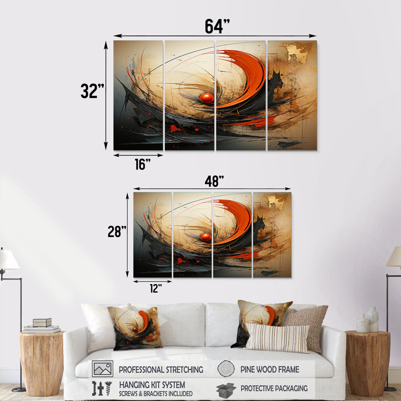 Wild Waves Retro Orange Core - Ensemble de 4 décorations murales abstraites en spirale, H 32 po x l 64 po