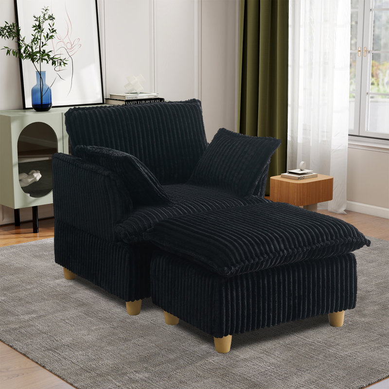 Méridienne l 35,98 po avec repose-pieds, Velours côtelé noir