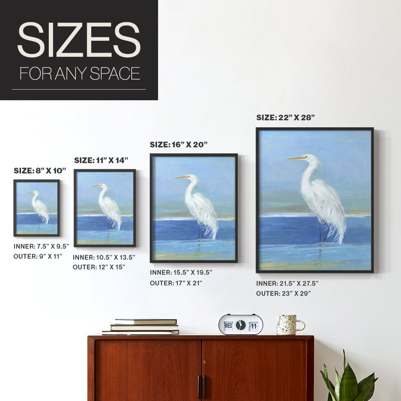 Wading Egret II, reproduction encadrée - bois massif, H 15 po x l 12 po, Noir, noir, noir, noir