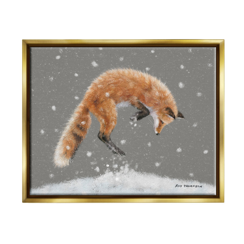 Peinture «J passer le renard» par Roy Thompson, peinture, H 10 po x l 15 po x P 0,5 po, Cadre flottant métallique doré