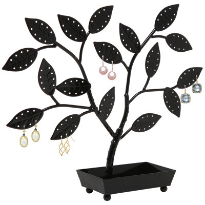 Black Metal Jewelry Tree with Bird Nest – Earring, Bracelet and Necklace Organizer Stand for 48 Pairs