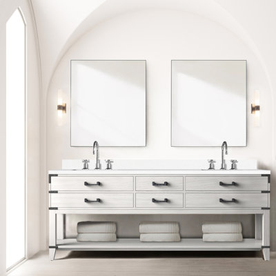 Meuble-lavabo double en chêne blanc avec comptoir en quartz brillant, robinet et miroirs 36 po. L 84 po x P 22 po. Brilliance pour salle de bain 84 po x 22 po, chêne, comptoir, robinet, élégance