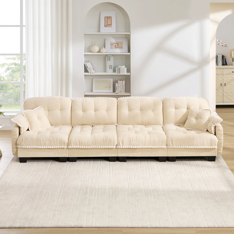 Canapé en chenille à 4 places avec 4 coussins, conception ergonomique et coussins capitonnés à garniture de pompons, siège profond facile à assembler pour le salon
