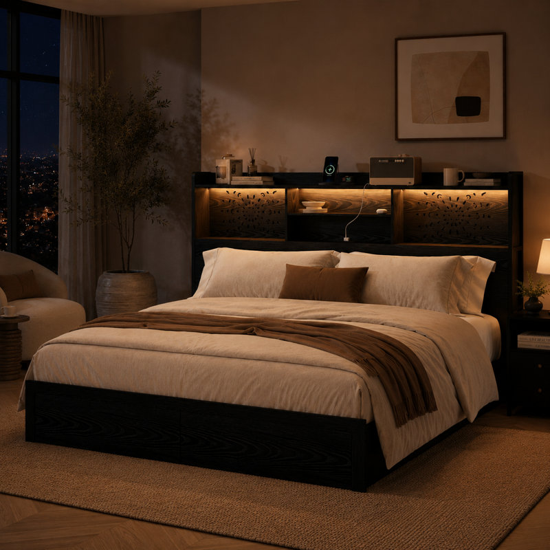 Vintage Carved Bed With 6 Drawers, Modern Bed With Charging Station & Led Lights, Black, King