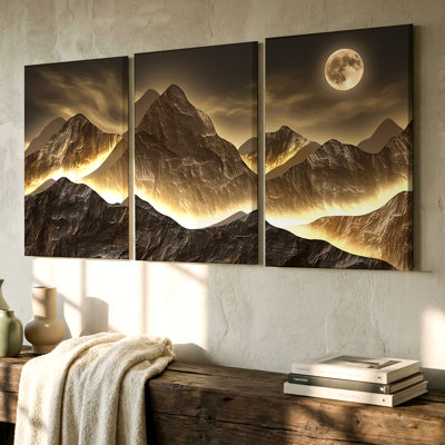 3 pièces d'art mural majestueux paysage de montagne majestueux avec pics au clair de lune et or, trois pièces d'art mural pour le salon, la chambre à coucher et le bureau